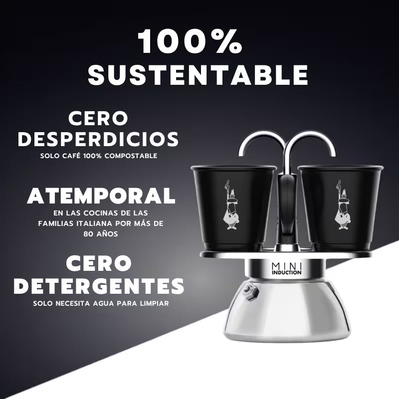 Cafetera Mini Induction con 2 tazas negras y diseño compacto