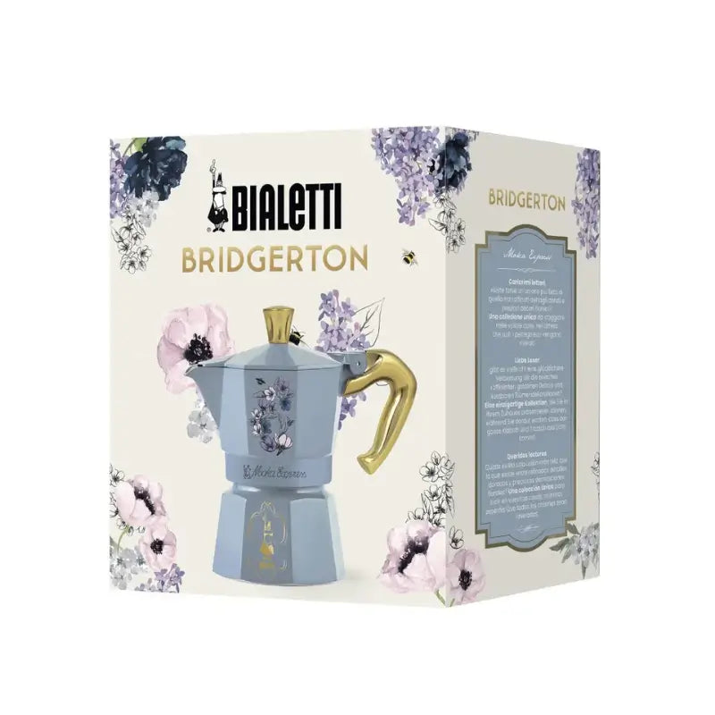 Caja Bialetti BRIDGERTON con cafetera moka azul celeste e ilustración floral