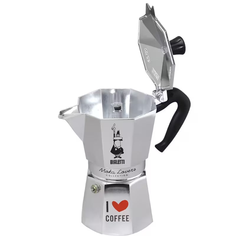 Cafetera Moka Express I Love Coffee abierta mostrando filtro y caldera