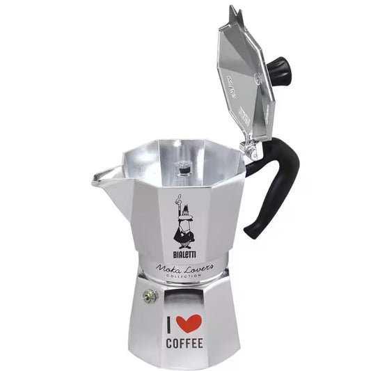 Cafetera Moka Express I Love Coffee abierta mostrando filtro y caldera