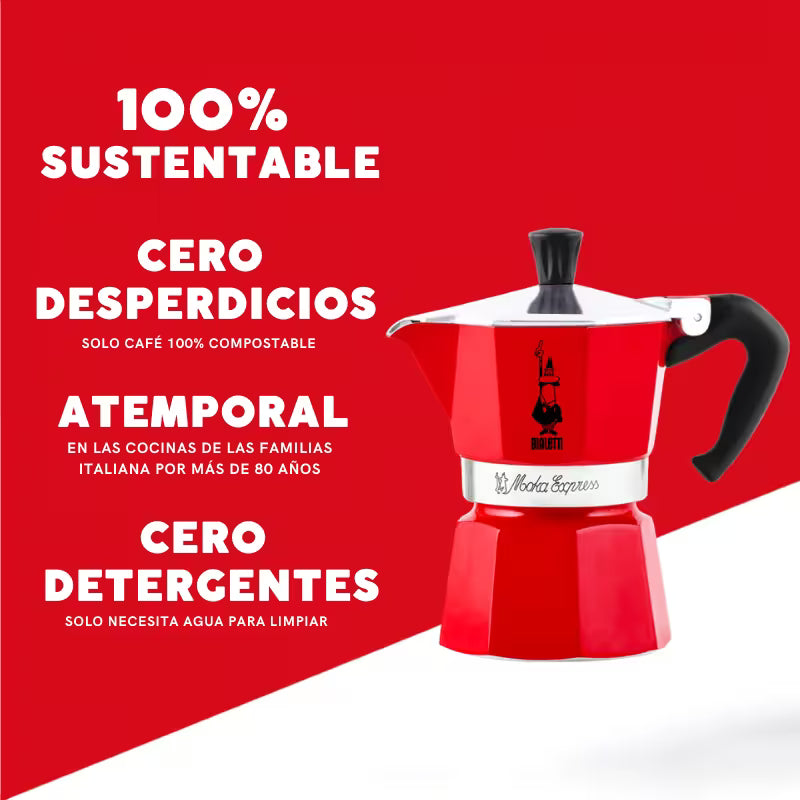 Cafetera italiana Moka Express Bialetti roja con asa negra, fondo con texto
