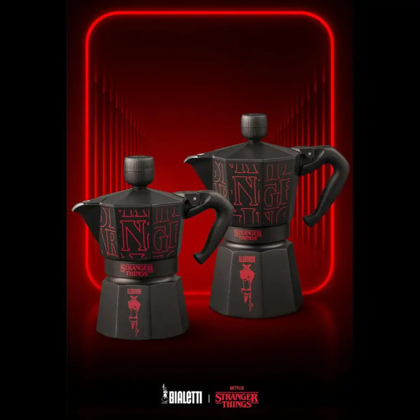 Cafeteras moka negras con estampado rojo y asas, conjunto de 2.