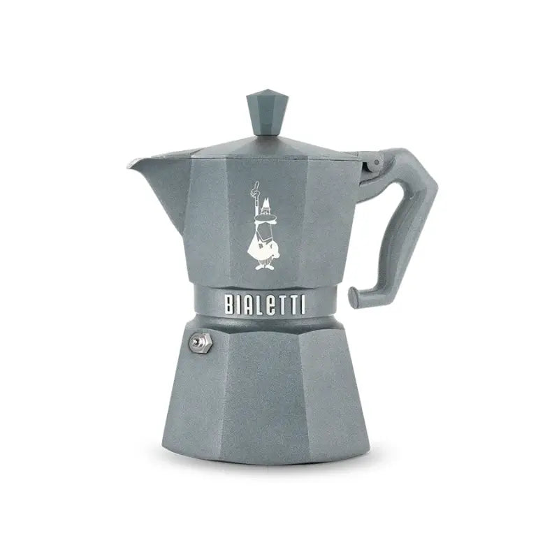 Cafetera italiana tipo moka octogonal color azul, con asa y tapa superior