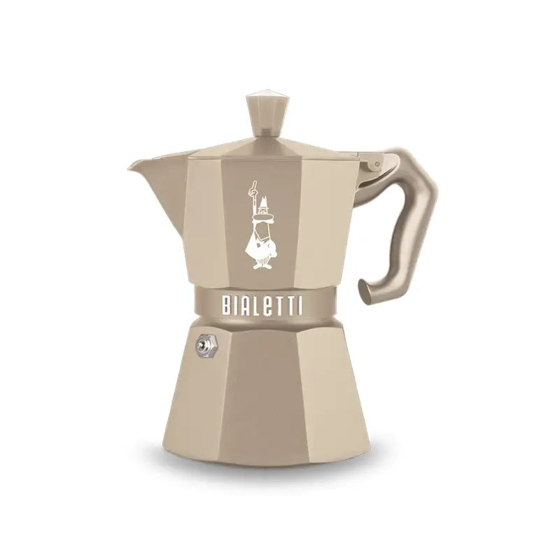 Cafetera italiana tipo moka octogonal color beige, con asa y tapa superior
