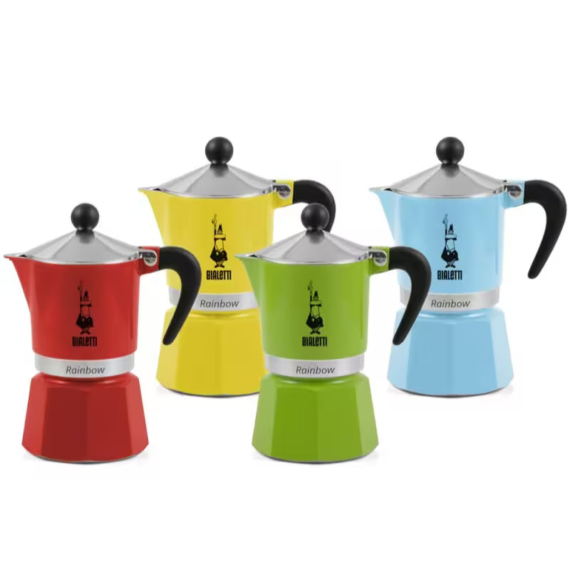Conjunto de cafeteras tipo moka Rainbow en rojo, amarillo, verde y azul