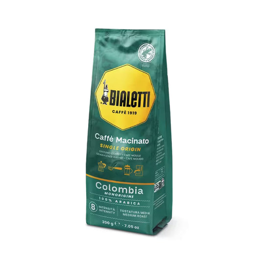 Bolsa de café molido Bialetti Colombia 200 g, diseño frontal y sellos.