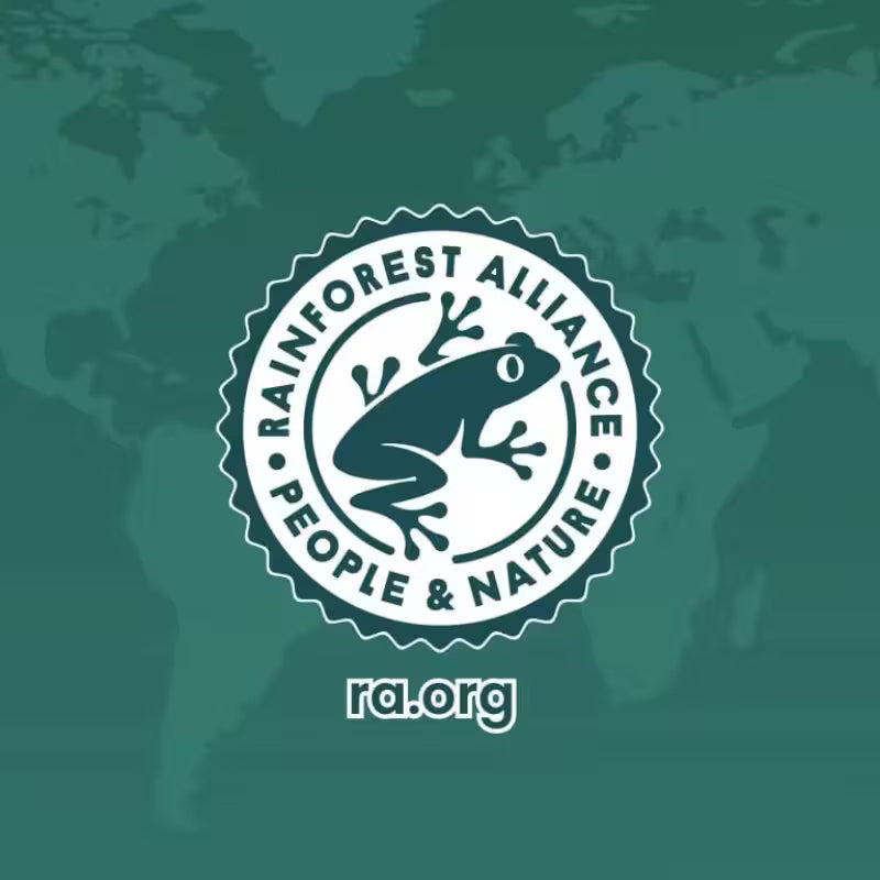 Sello Rainforest Alliance en la bolsa de café molido.