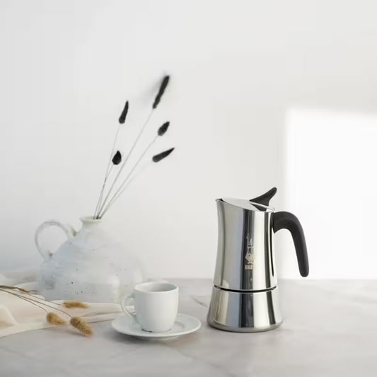 Cafetera italiana de acero Bialetti Moon Exclusive con mango negro, vista lateral