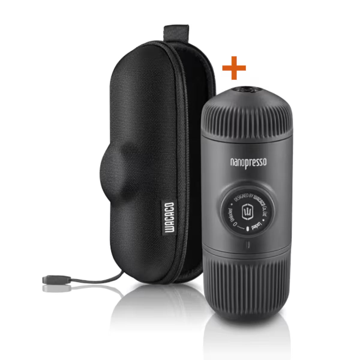 Cafetera portátil negra con funda de transporte y nanopresso incluido