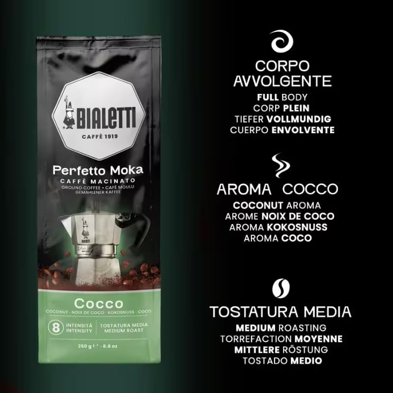 Bolsa de café molido Bialetti Perfetto Moka Coco con indicación de tostado