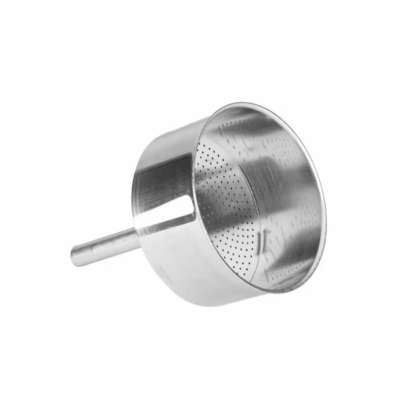 Embudo filtro de aluminio con base perforada y mango, repuesto para moka.