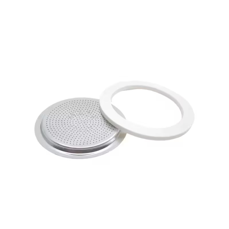 Placa filtro metálica con junta circular blanca para cafetera moka Bialetti