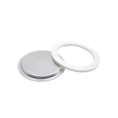 Placa filtro metálica con junta circular blanca para cafetera moka Bialetti