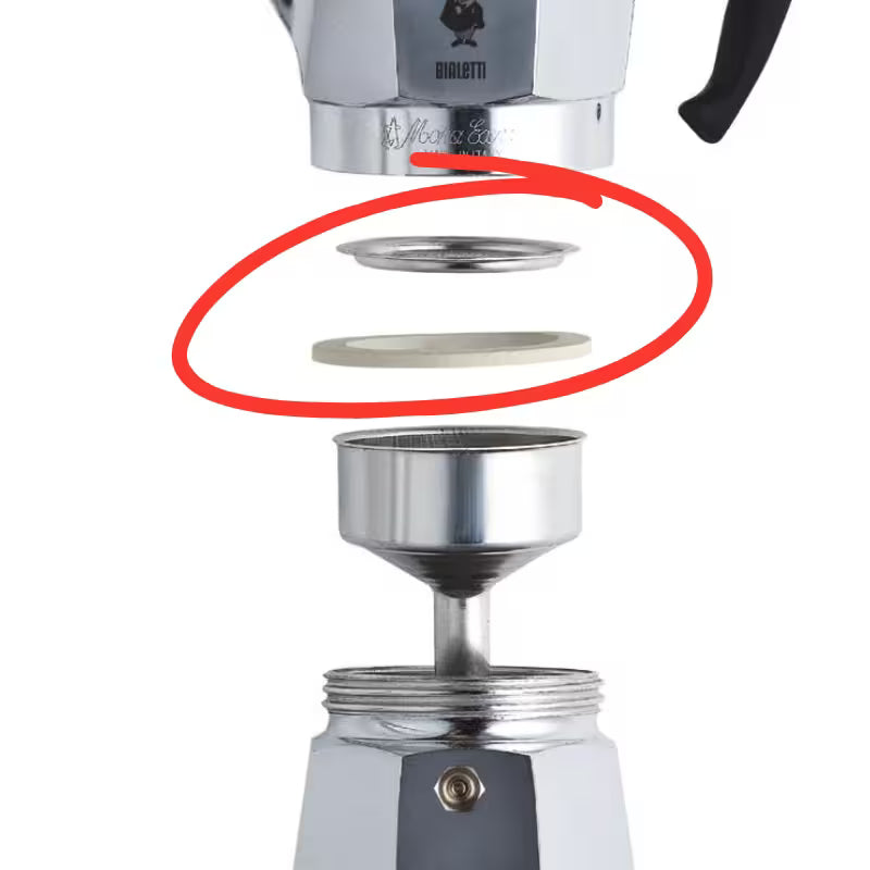 Goma junta circular y filtro metálico para cafetera moka Bialetti, piezas de repuesto