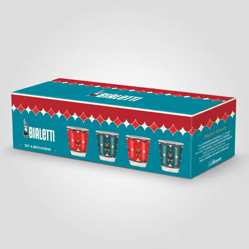 Caja de regalo Bialetti con set de 4 vasos, diseños rojo y verde motivos navideños