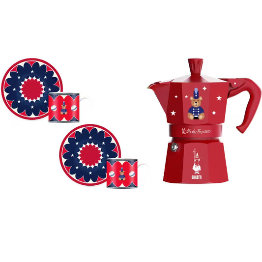 Set Cafetera Moka Express 3 Tazas Roja + 2 Tazas y Platillos Bialetti Joyful Christmas