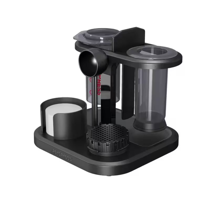 Soporte organizador negro para Aeropress con recipientes transparentes y base con filtro