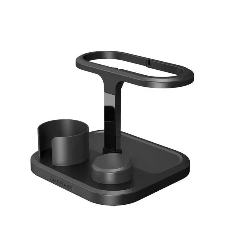 Soporte organizador para Aeropress negro con asa superior y bandeja para piezas de café