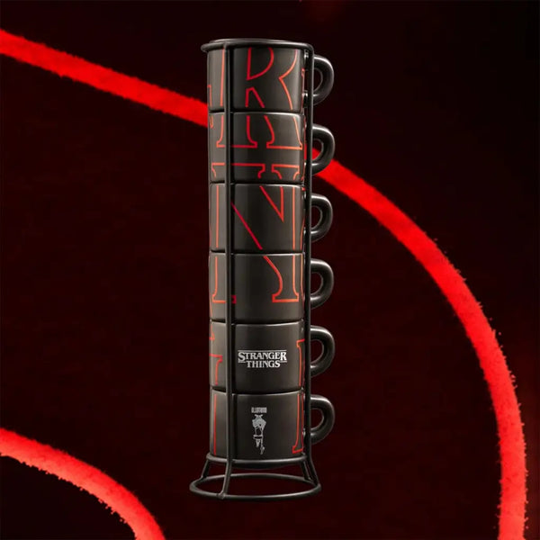 Tazas apilables negras con gráficos rojos, en soporte metálico con asas