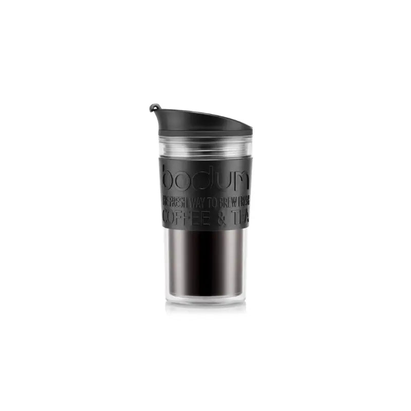 Taza de viaje 350 ml con tapa negra y cuerpo oscuro transparente
