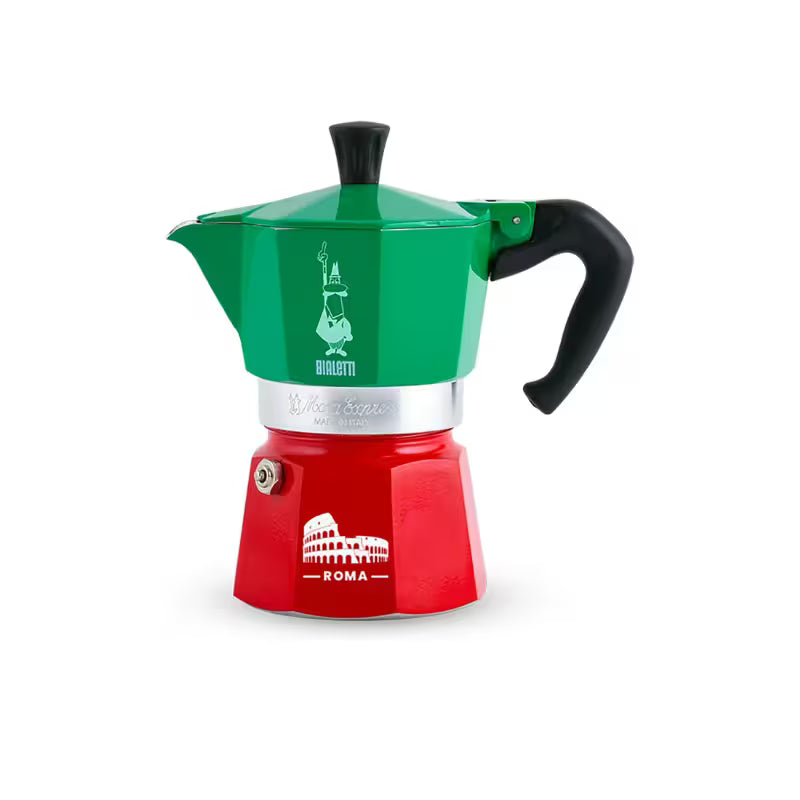 Cafetera moka tricolor Bialetti con asa negra; base roja Roma y parte verde