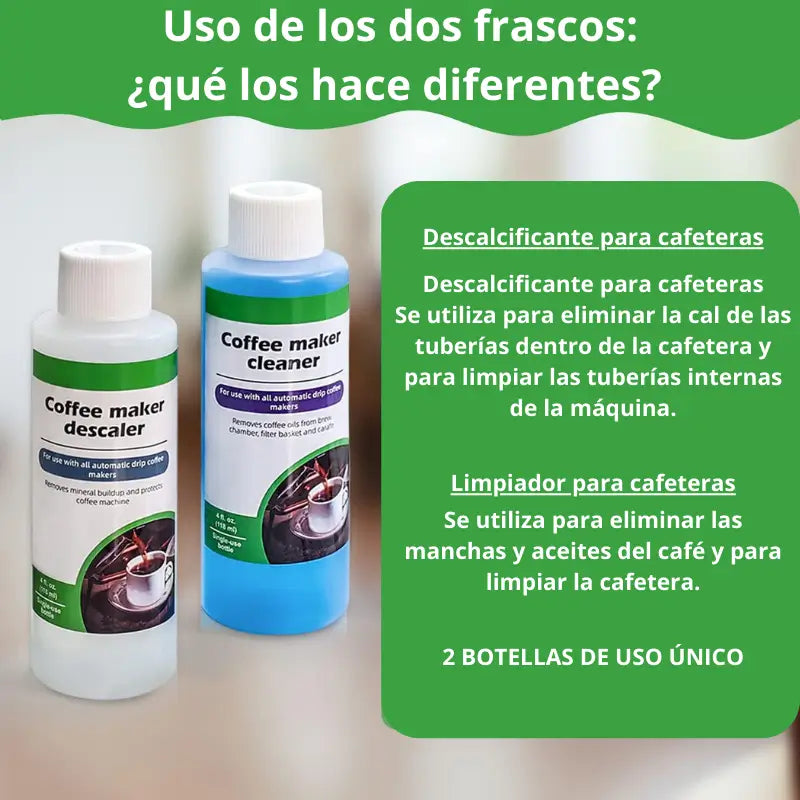 Dos botellas y guía: descalcificante para eliminar cal y limpiador para manchas y aceites