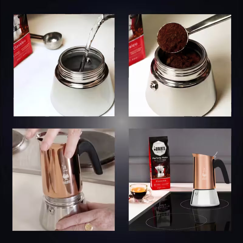 Cafetera italiana Bialetti Venus en acero, con vertido y manos usando el vertedor