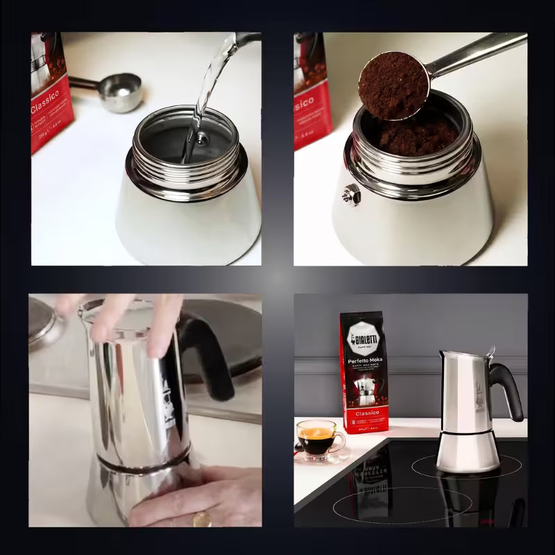Cafetera italiana Venus Bialetti de acero pulido con asa negra en uso