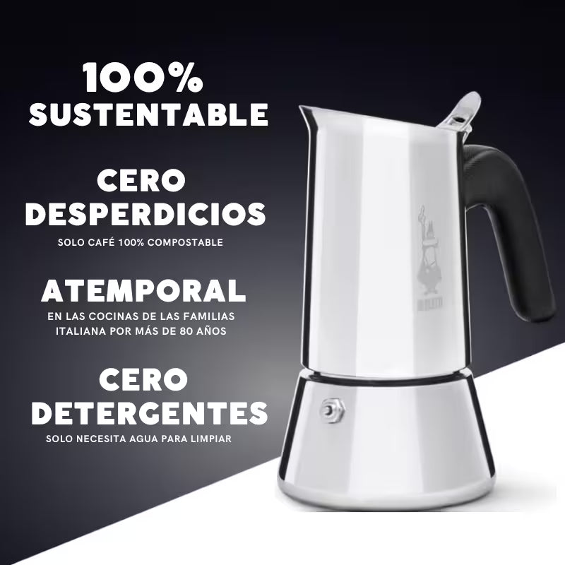 Cafetera italiana Venus Bialetti de acero pulido con asa negra, frontal